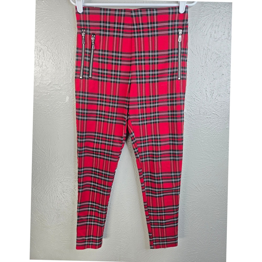 Zara Plaid Leggings Sz M Red Tartan High Rise Zipper Skinny Emo Goth Punk Pants